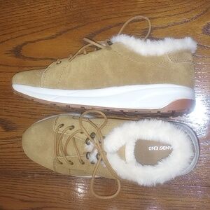 Lands' End Brown Suede Shoes with White Fur Trim